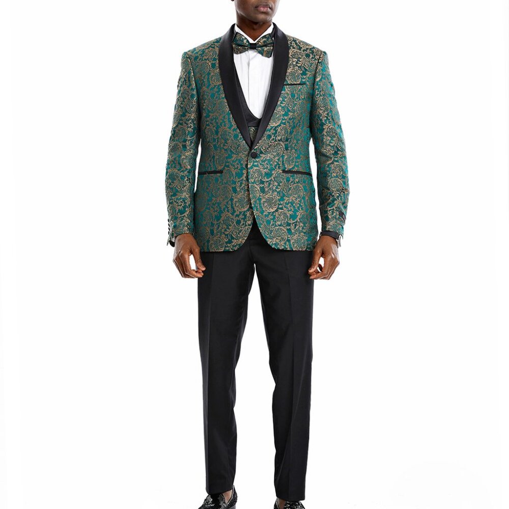 Green Baroque Design Black Shawl Lapel 3 Piece Skinny Fit Tazzio Men's Suit